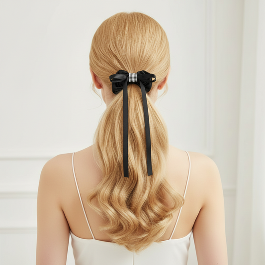 Elegant Black Bow Scrunchie with Rhinestone Detail (QS2030K)