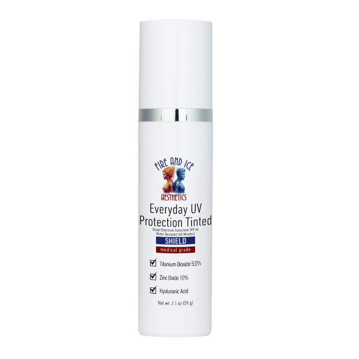 Skincare bottle labeled 'Everyday UV Protection Tinted' on a white background
