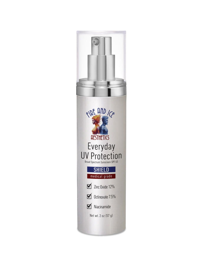 Skincare bottle labeled 'Everyday UV Protection' on a white background