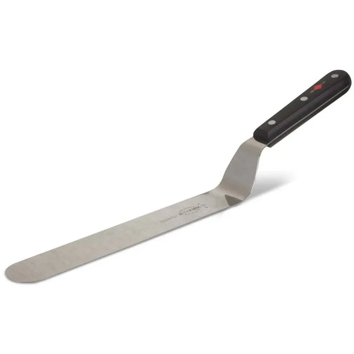 A stainless steel flexible offset spatula with a black polypropylene handle.