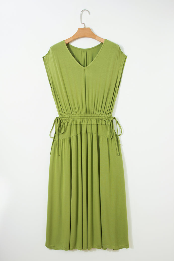 Fern Green Solid V Neck Cap Sleeve Tunic Elastic Waist Versatile Maxi Dress