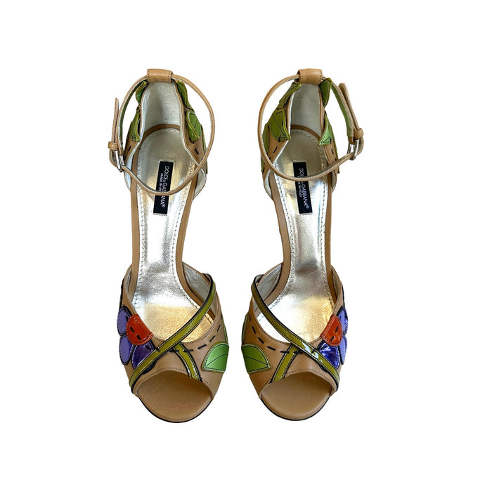 Floral Leather Heels - 8