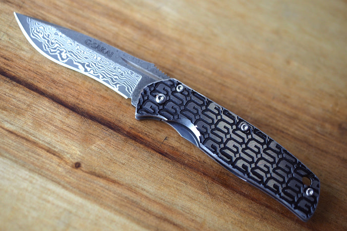 Folding Knife - Gentleman Knife Black GS Pattern Damascus VG10 Steel with Stainless Handle (Leather sheath included)