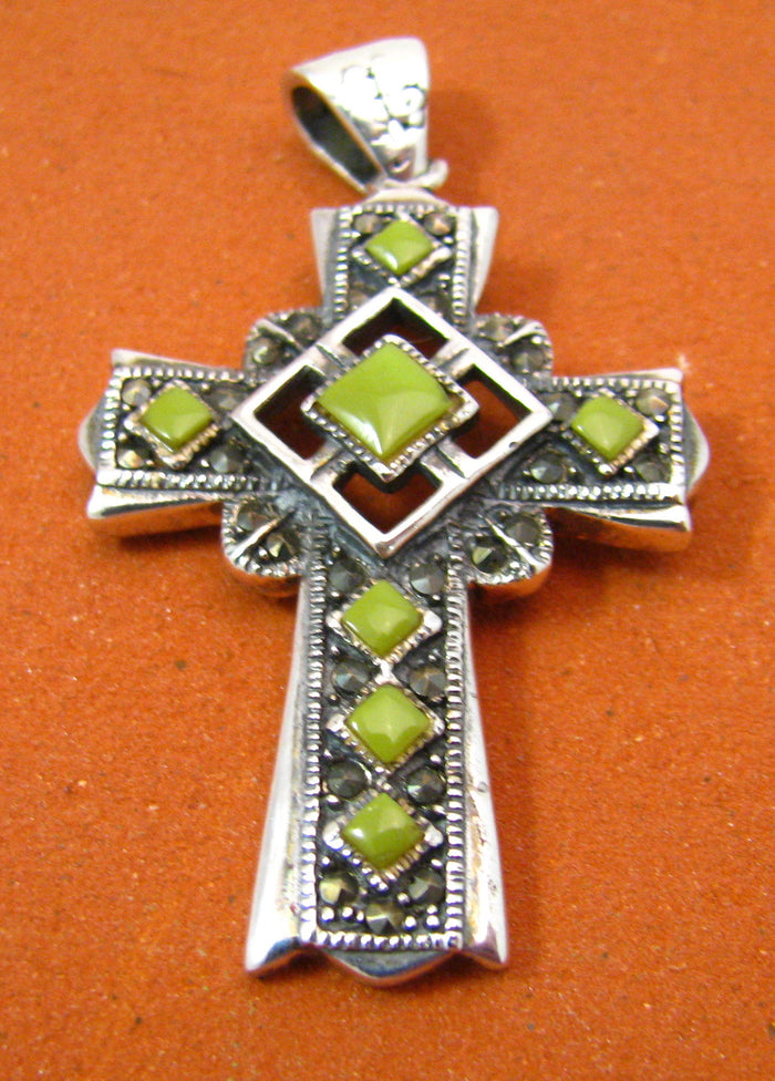Gaspeite Marcasite Cross Silver Pendant TSC005