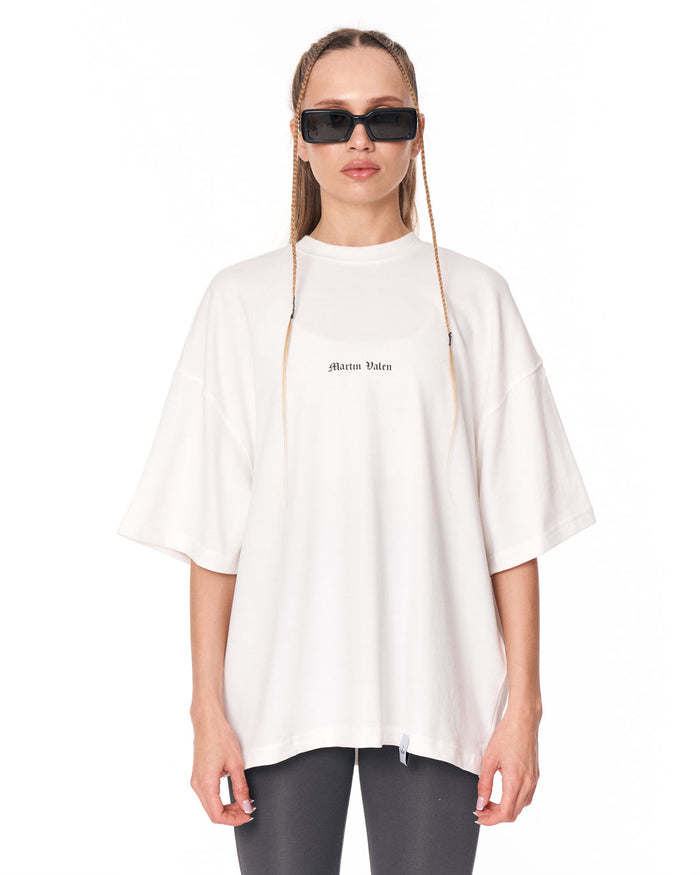 Gothic Depth Applique Patch Oversized White T-shirt with small front logo
