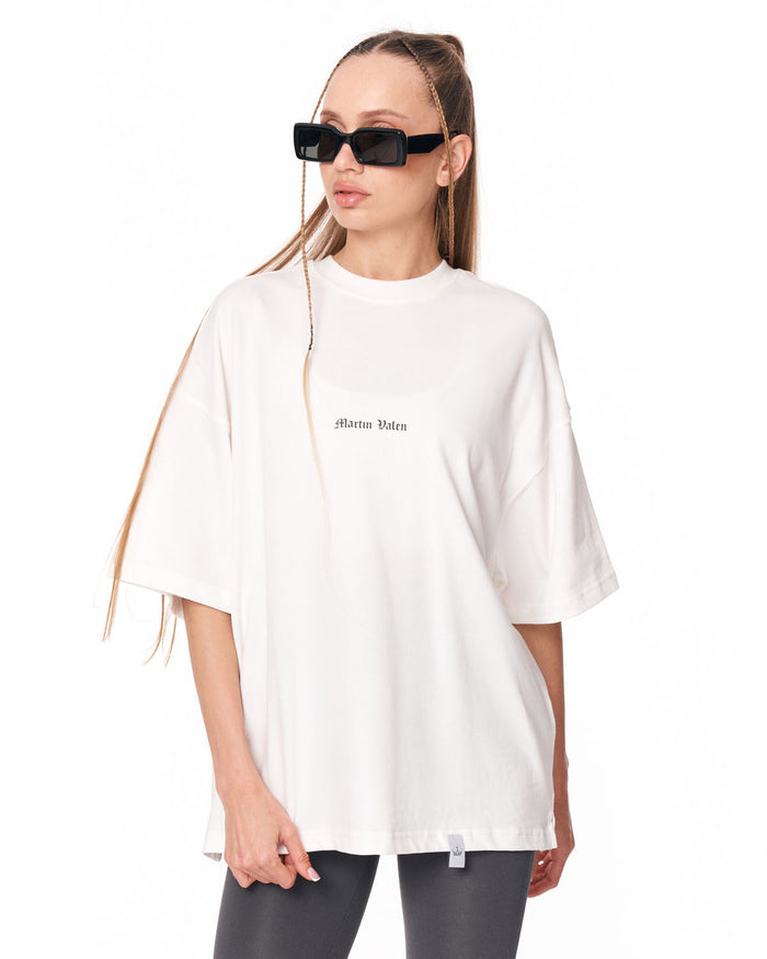 Gothic Depth Applique Patch Oversized White T-shirt with drop shoulder cut