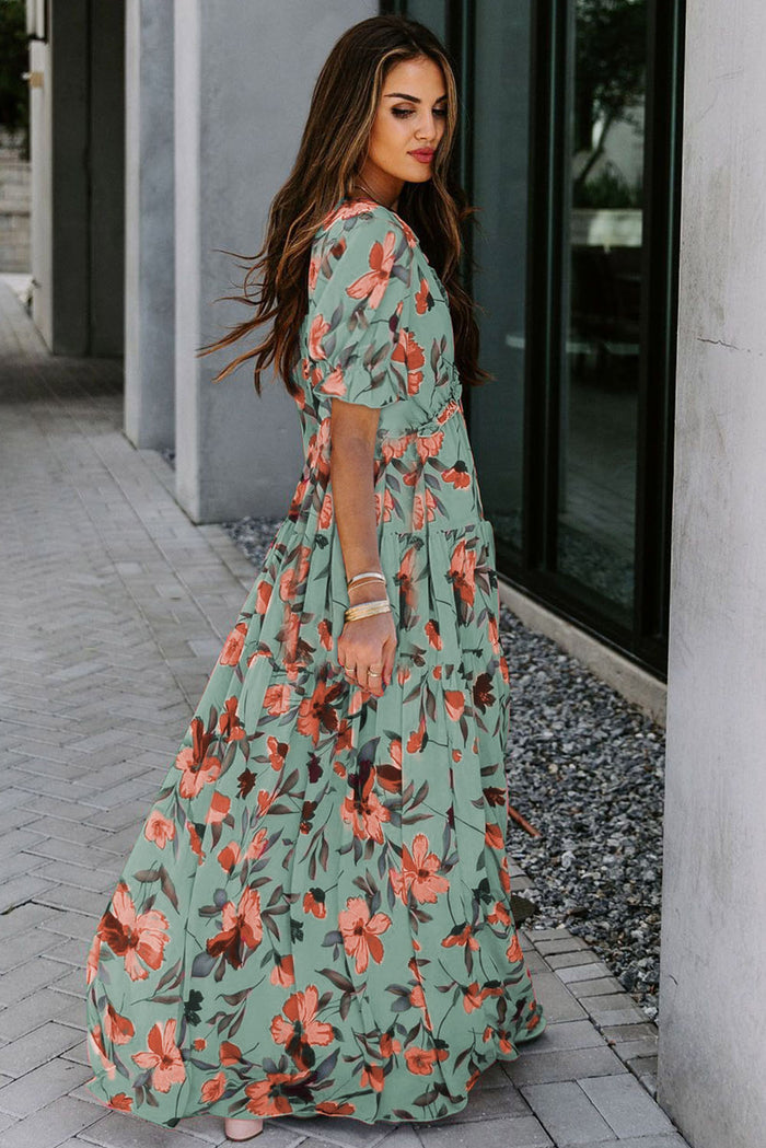 Green Fiery Floral Print Frilled V Neck Short Sleeve Maxi Dress