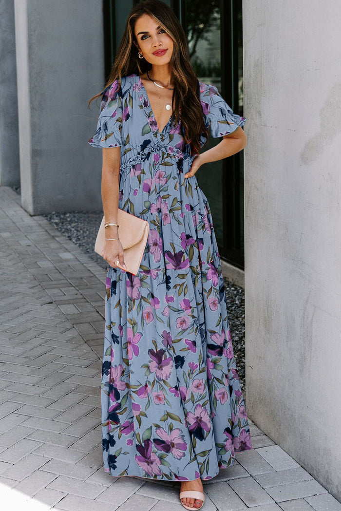 Green Fiery Floral Print Frilled V Neck Short Sleeve Maxi Dress