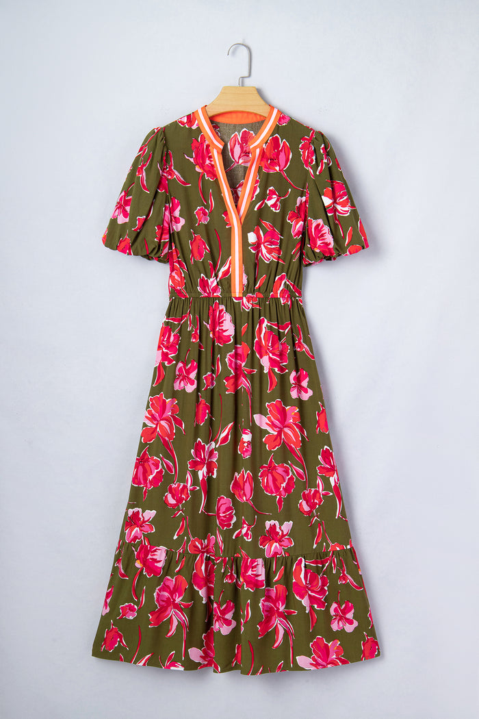 Green Floral Print Striped Trim Split Neck Short Puff Sleeve Ruffle Hem Maxi Dress
