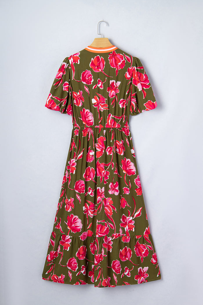 Green Floral Print Striped Trim Split Neck Short Puff Sleeve Ruffle Hem Maxi Dress