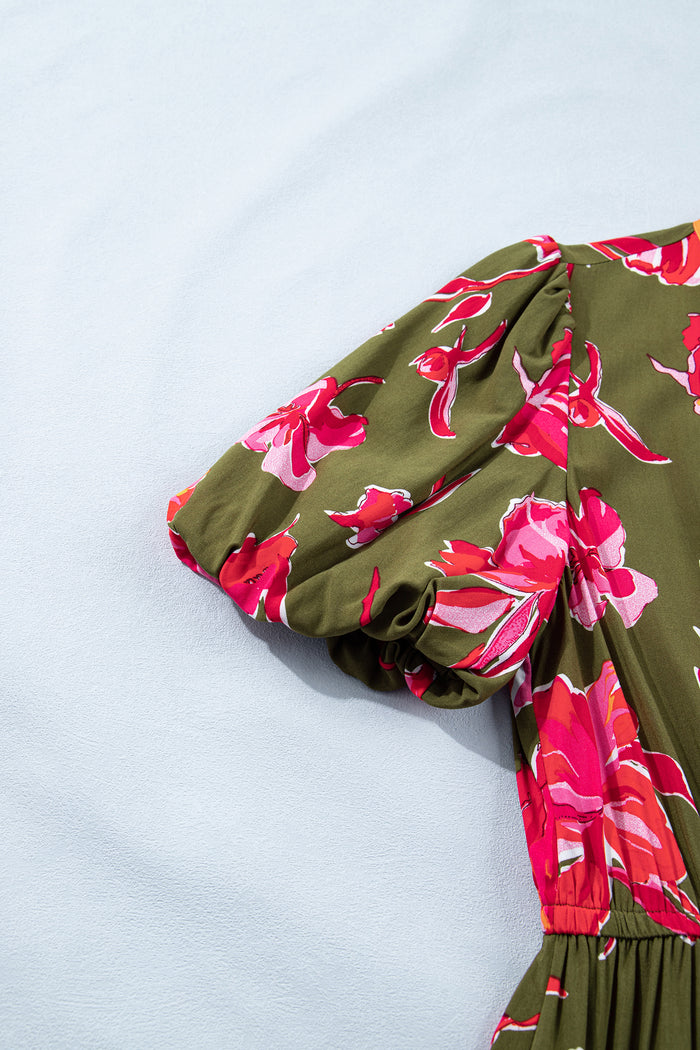 Green Floral Print Striped Trim Split Neck Short Puff Sleeve Ruffle Hem Maxi Dress