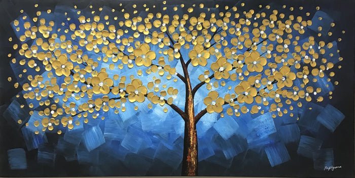 Handmade Oil Painting of Golden Tree with Blue Background on Stretched Canvas