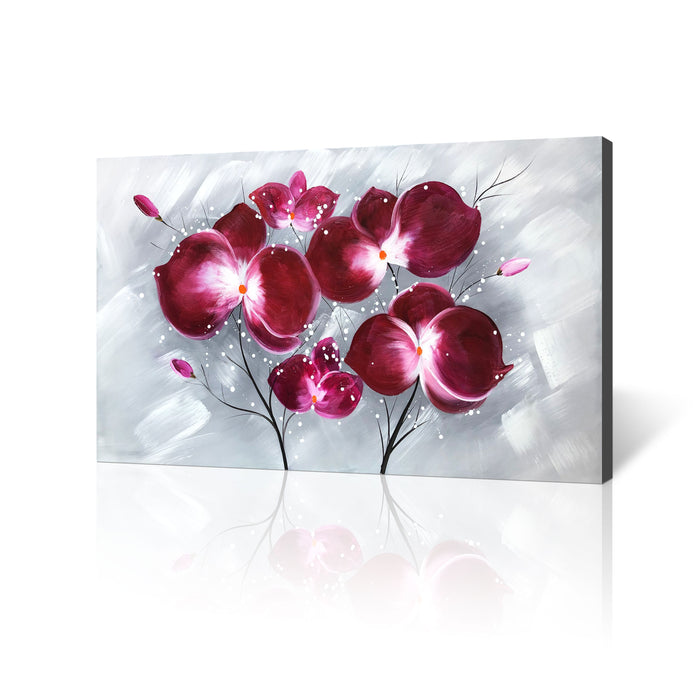 Handmade Oil Painting of Purple Flowers with Grey Background on Stretched Canvas