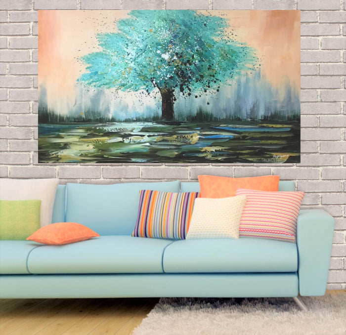 Handmade Oil Painting of Teal Tree on Stretched Canvas