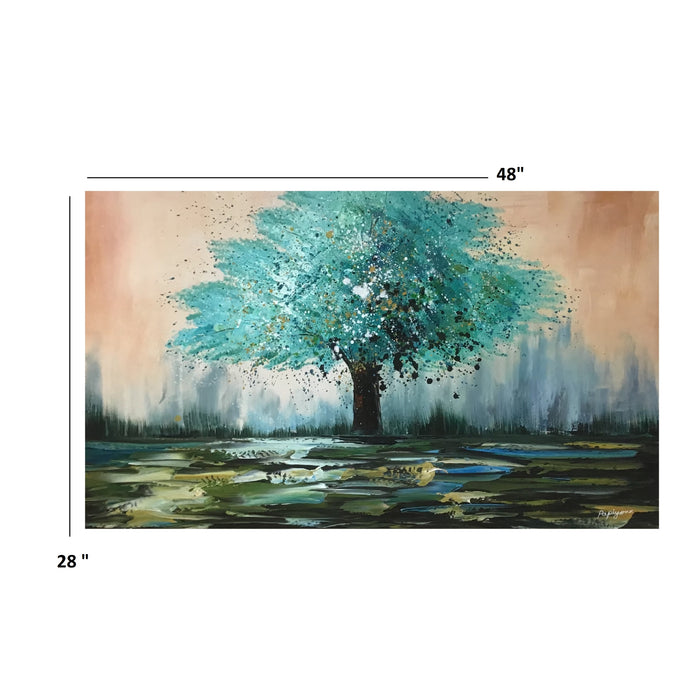 Handmade Oil Painting of Teal Tree on Stretched Canvas