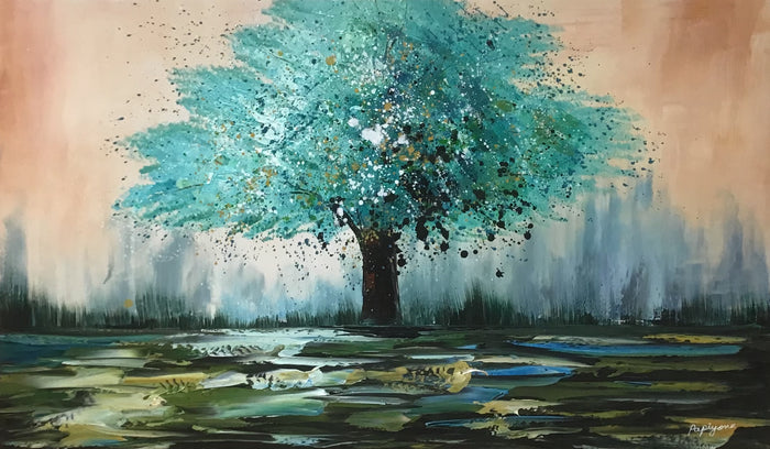 Handmade Oil Painting of Teal Tree on Stretched Canvas