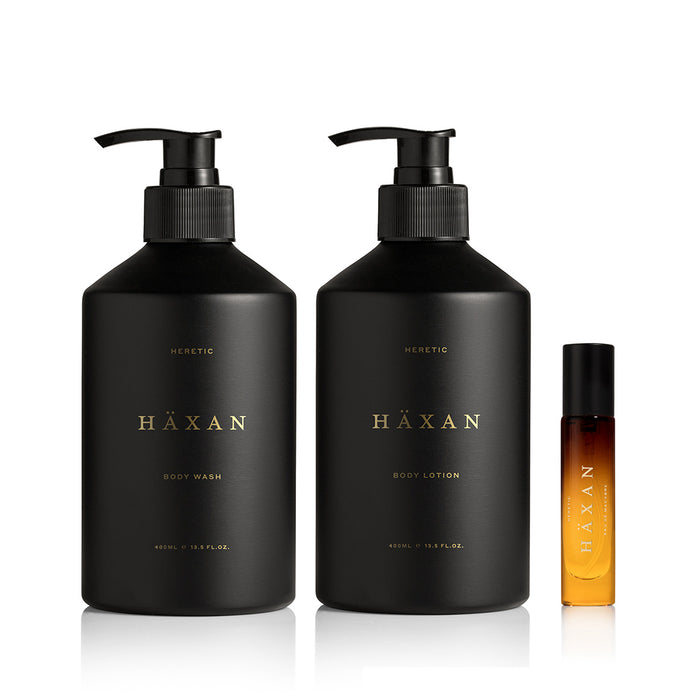 Haxan body wash, lotion, and 5ml perfume on white background.
