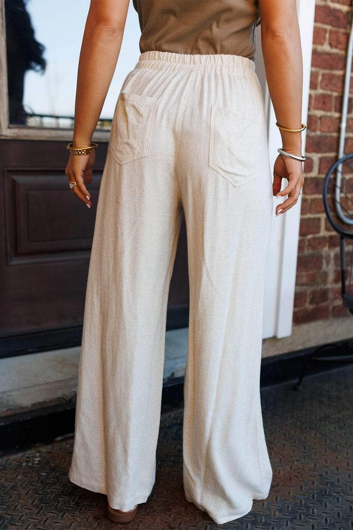 Jet Stream Drawstring Elastic Waist Button Pleated Detail Wide Leg Pants