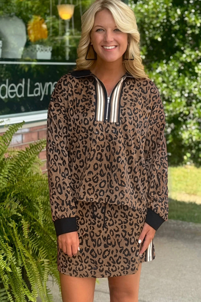 Khaki Leopard Print Quarter Zip Long Sleeve Top Mini Skirt Set