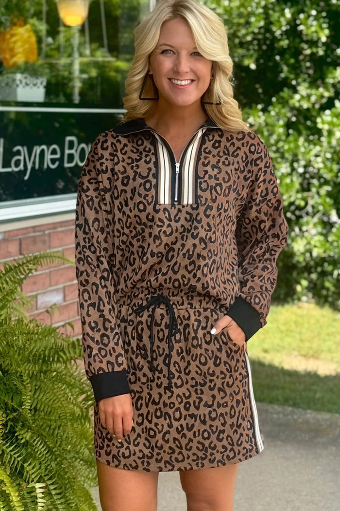Khaki Leopard Print Quarter Zip Long Sleeve Top Mini Skirt Set