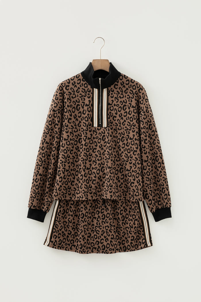 Khaki Leopard Print Quarter Zip Long Sleeve Top Mini Skirt Set
