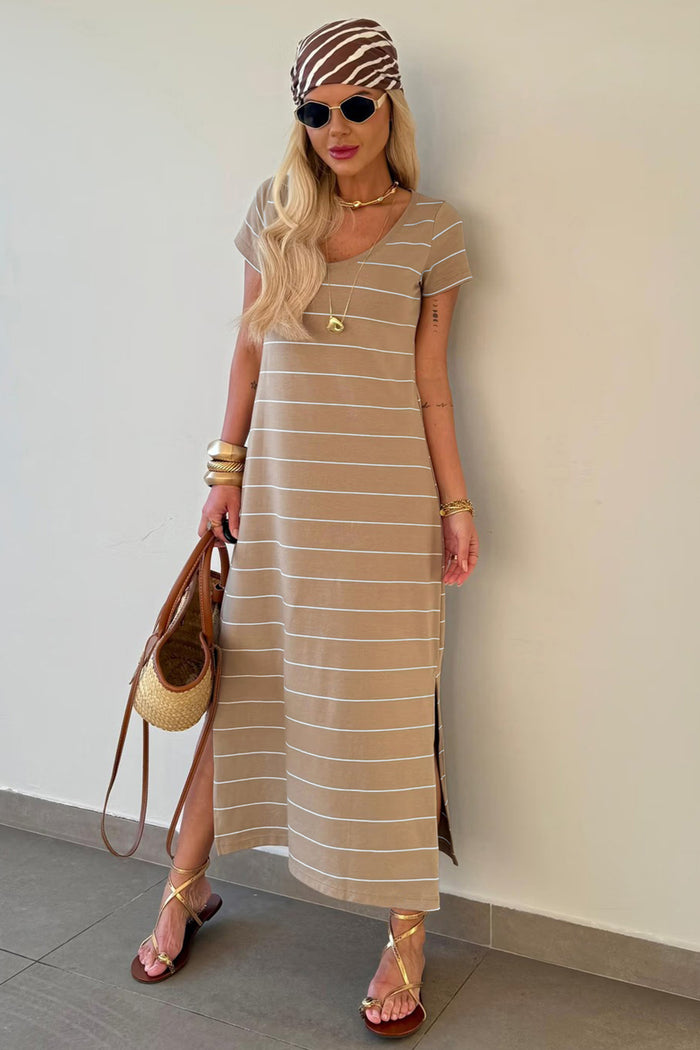 Khaki Stripe Casual Short Sleeve Side Slit Maxi T Shirt Dress