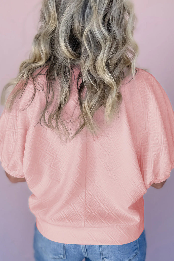 Light Pink Contrast Striped Collar Patchwork Textured Half Sleeve Blouse