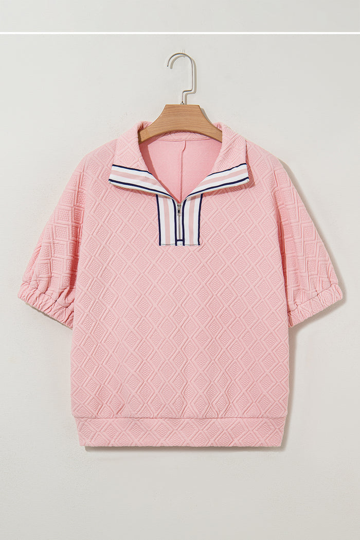 Light Pink Contrast Striped Collar Patchwork Textured Half Sleeve Blouse