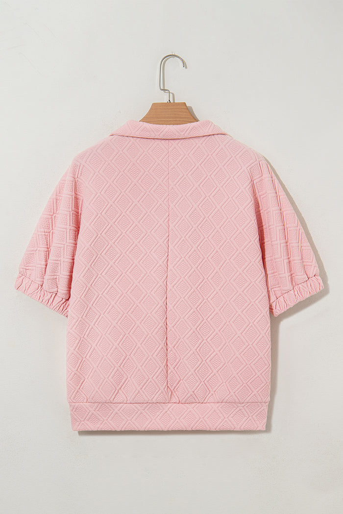 Light Pink Contrast Striped Collar Patchwork Textured Half Sleeve Blouse