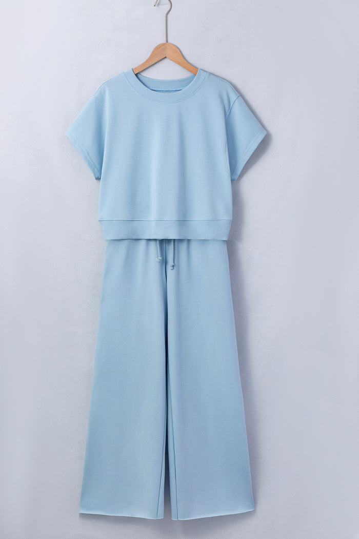 Light Pink Solid Color Loose Tee Drawstring Wide Leg Pants 2pcs Outfit