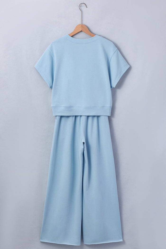 Light Pink Solid Color Loose Tee Drawstring Wide Leg Pants 2pcs Outfit
