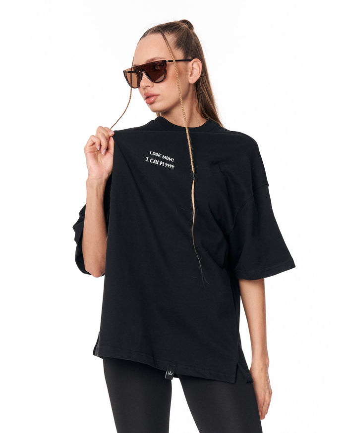 Look Mom Text Print Black Oversized T-Shirt with wide short sleeves