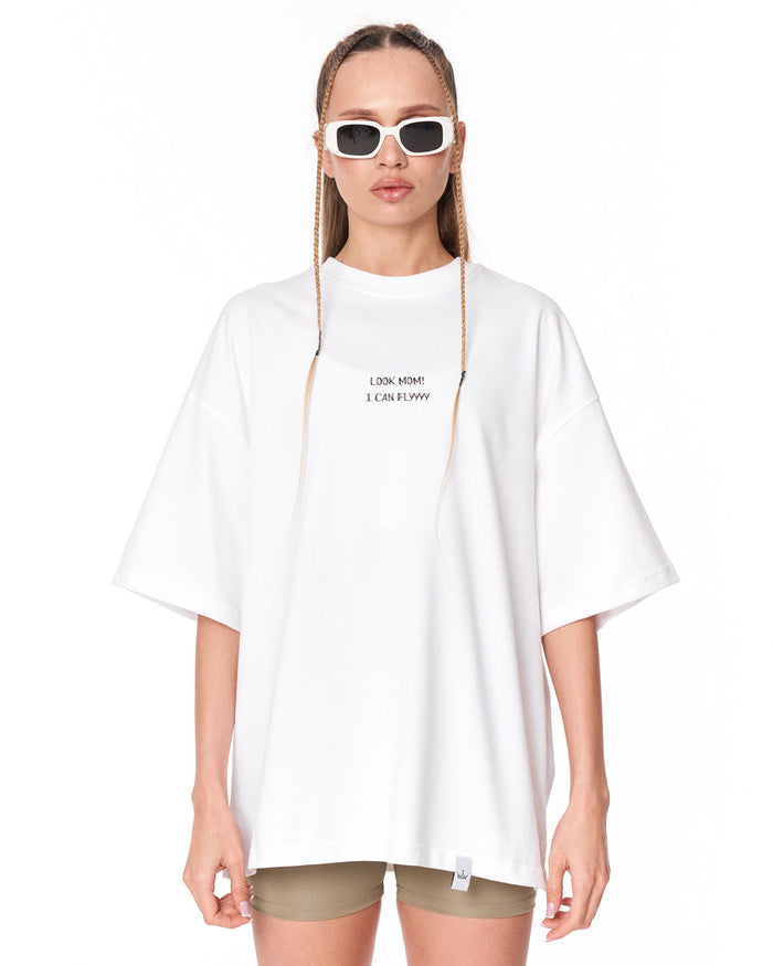 Look Mom Text Print White Oversized T-Shirt with statement text print