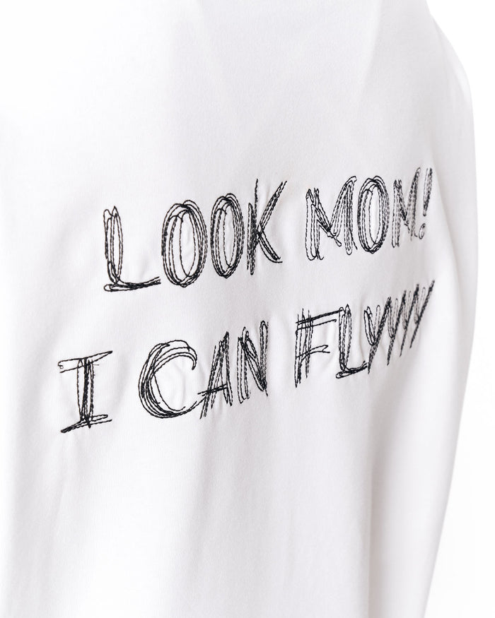 Look Mom Text Print White Oversized T-Shirt with drop shoulder design