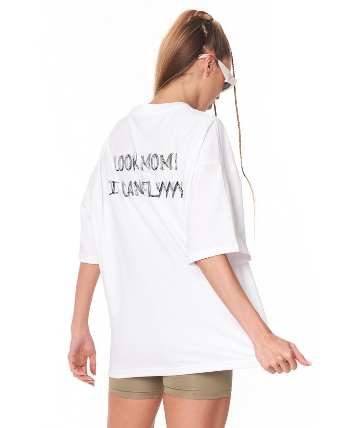 Look Mom Text Print White Oversized T-Shirt for casual streetwear styling