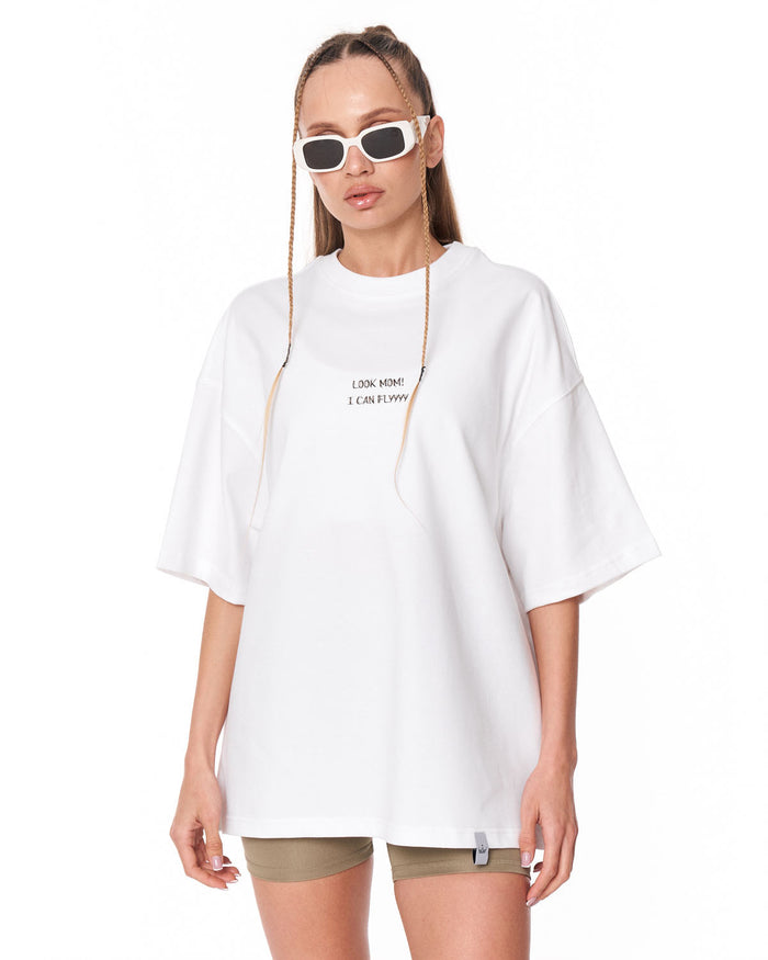 Look Mom Text Print White Oversized T-Shirt with contrast text graphic
