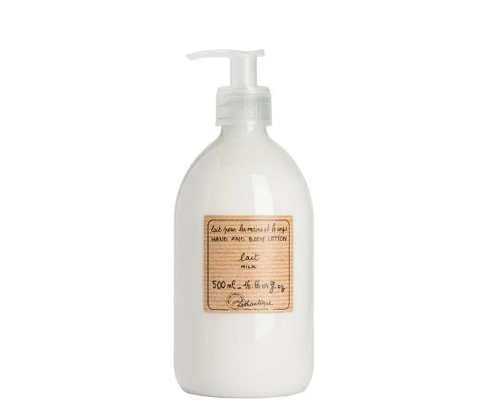 Clear plastic bottle with white liquid, labelled "Hand and Body Lotion Milk" with 500ml volume.