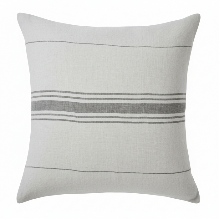 A white cushion with a gray horizontal stripe design