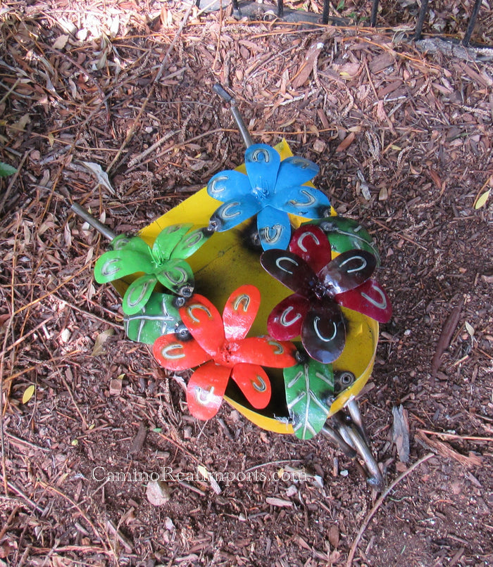 Metal Wheel Barrow With Flowers Sculpture 21" MWBG002