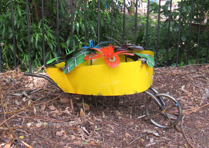 Metal Wheel Barrow With Flowers Sculpture 21" MWBG002