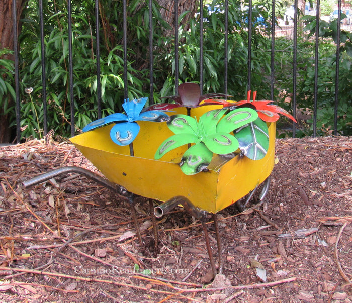 Metal Wheel Barrow With Flowers Sculpture 21" MWBG002