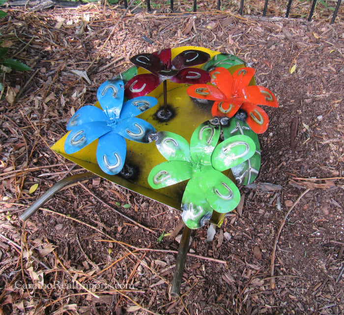 Metal Wheel Barrow With Flowers Sculpture 21" MWBG002