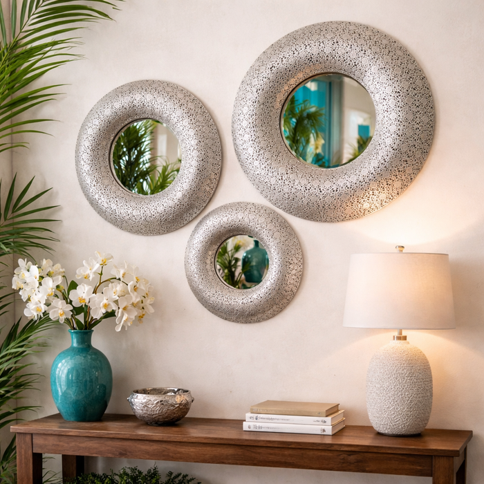 Mirror Handcrafted Modern Set of Three GOLD/ SILVER Decorated Round Wall Metal Mirror Glass