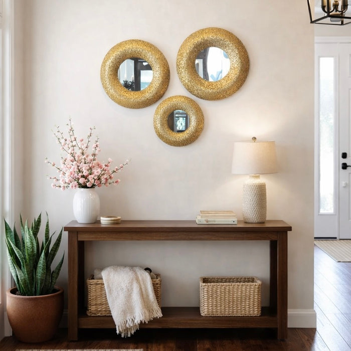 Mirror Handcrafted Modern Set of Three GOLD/ SILVER Decorated Round Wall Metal Mirror Glass