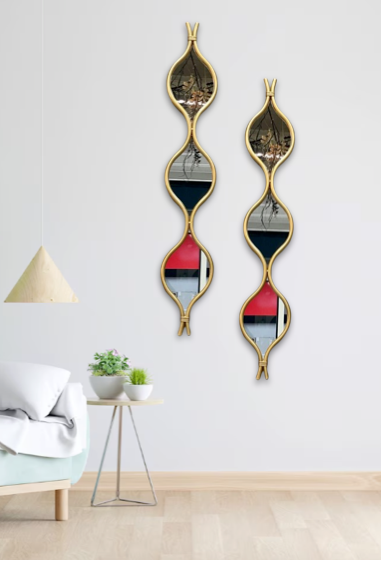 Mirror Water Drop Set of TWO Metal Geometrical Glass Handcrafted Decorative Modern Mirror in Gold