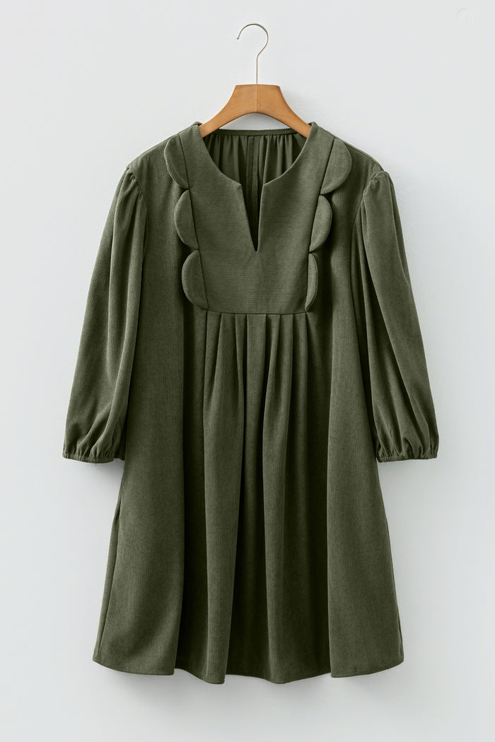Moss Green Bracelet Sleeve Split Neck Scallop Detail Pleated Corduroy Mini Dress