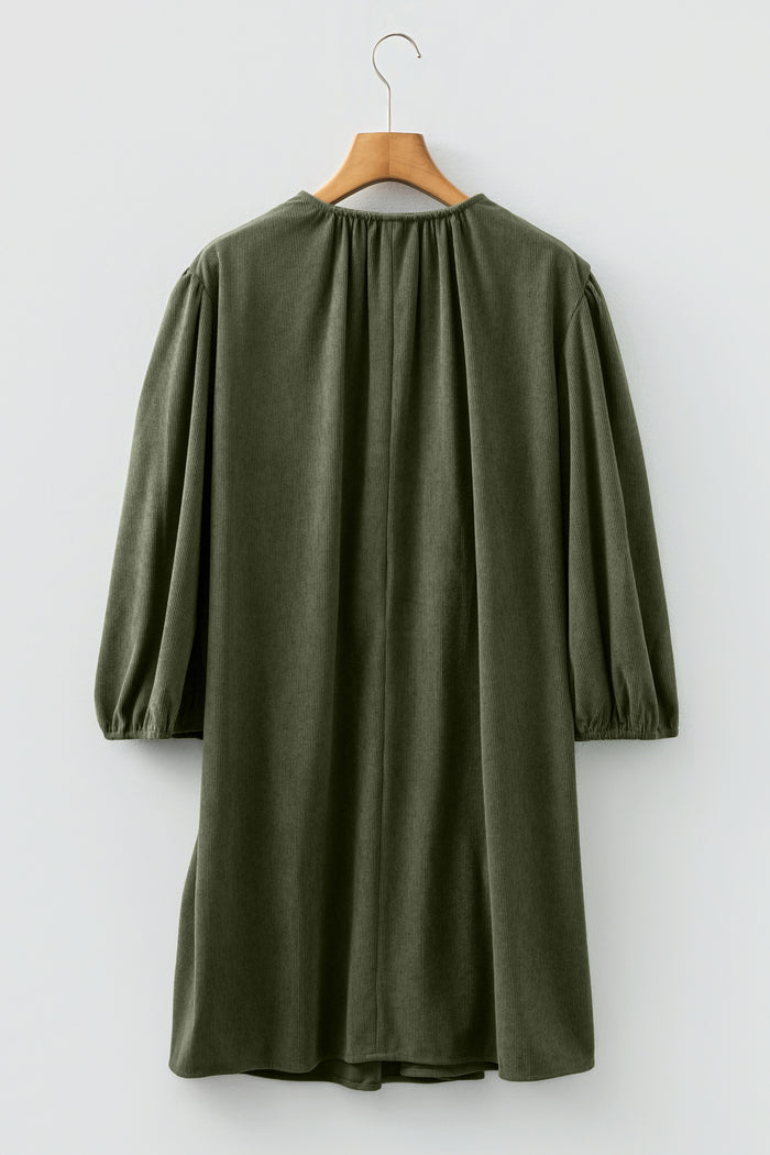 Moss Green Bracelet Sleeve Split Neck Scallop Detail Pleated Corduroy Mini Dress