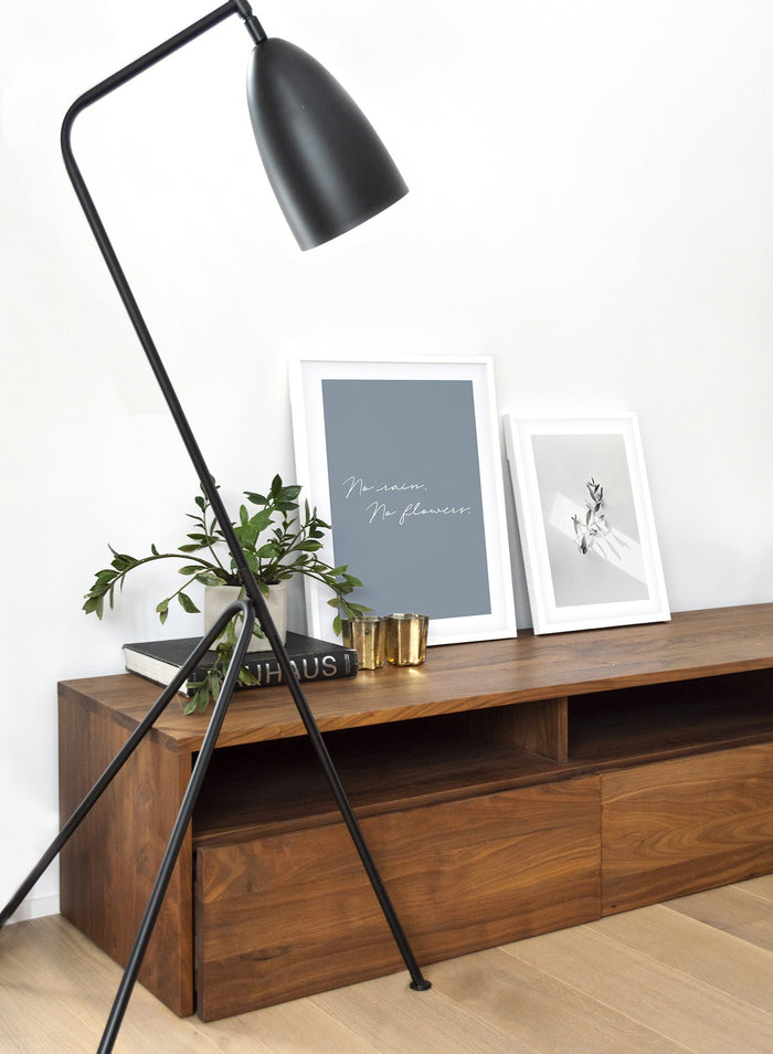 Modern minimalist typography poster by Opposite Wall with No Rain No Flowers quote in blue - Lifestyle Duo - Living Room