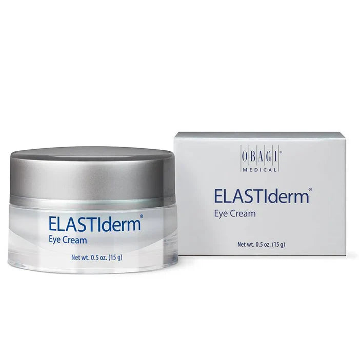 A jar and box of Obagi Elastiderm Eye Cream with product information displayed.