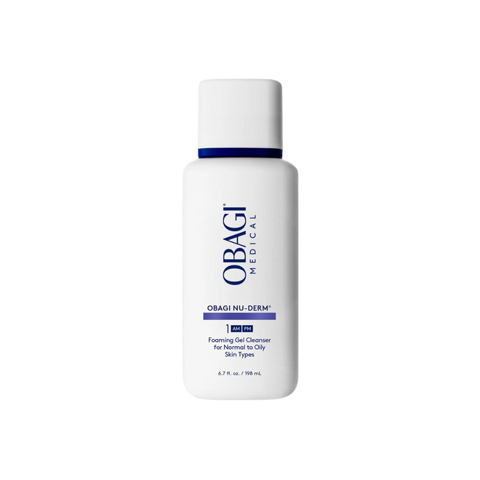 Obagi Nu-Derm foaming gel cleanser bottle on a white background